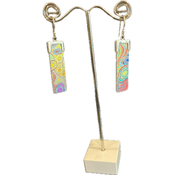 Rectangular Silver Earrings Featuring Mina Mina Dreaming (Yellow) Artwork by Judy Napangardi Watson