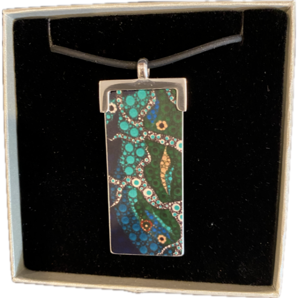 Rectangular Silver Pendant Featuring Willie Creek Dreaming Artwork by Arkeria Rose Armstrong - Image 4