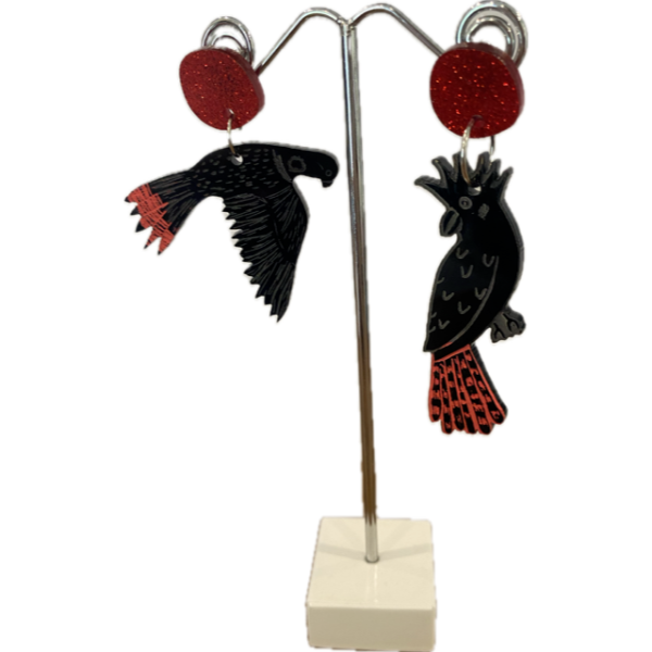 Nargula Jarndu Earrings with Dirrarn (Black Cockatoo) Design by Rowena Morgan