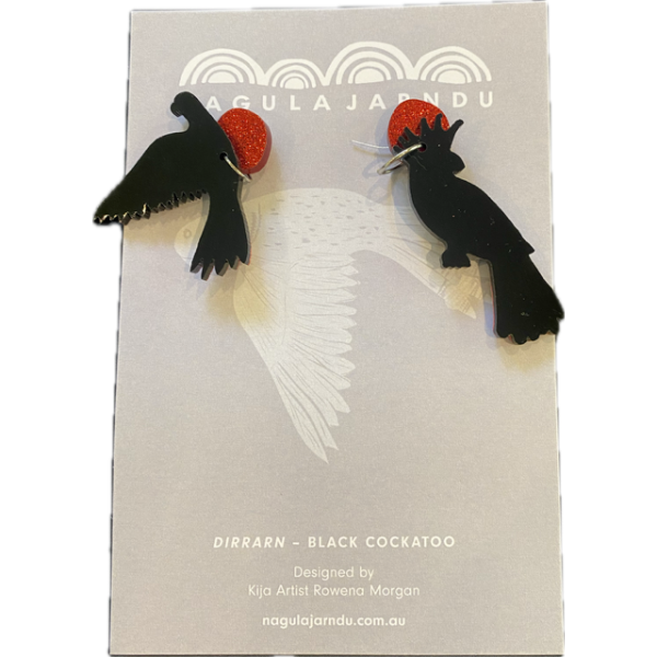 Nargula Jarndu Earrings with Dirrarn (Black Cockatoo) Design by Rowena Morgan - Image 3