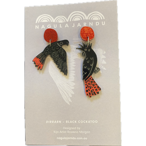 Nargula Jarndu Earrings with Dirrarn (Black Cockatoo) Design by Rowena Morgan - Image 2