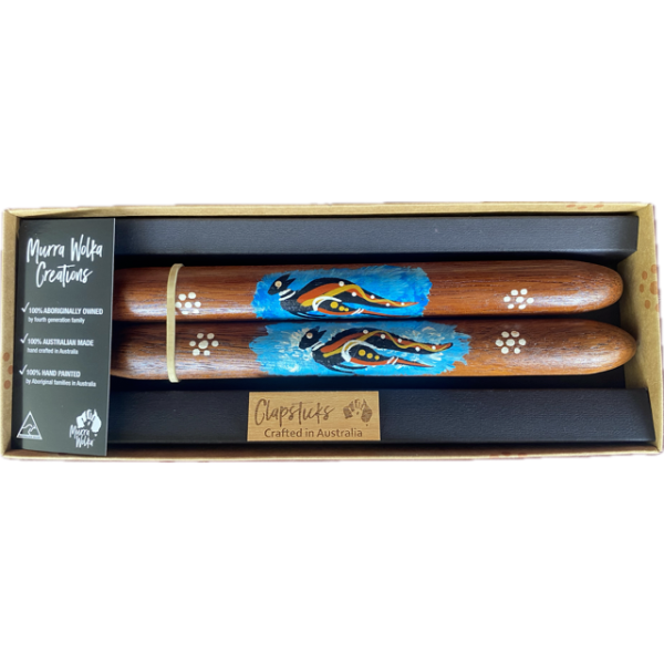 Clapsticks with Hand-Painted Kangaroo Artwork by Murra Wolka (Blue)