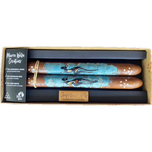 Clapsticks with Hand-Painted Kangaroo Artwork by Murra Wolka (Cyan)