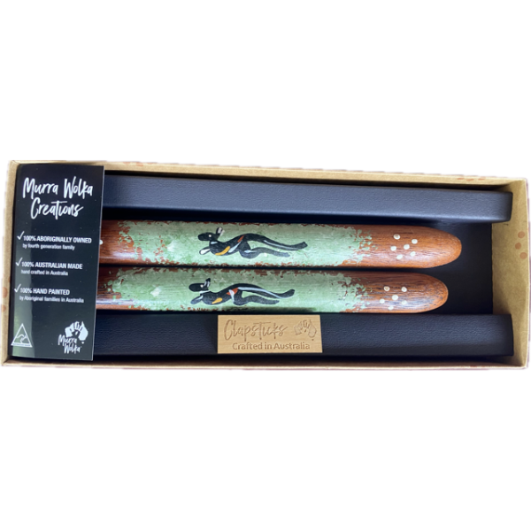 Clapsticks with Hand-Painted Kangaroo Artwork by Murra Wolka (Soft Green)