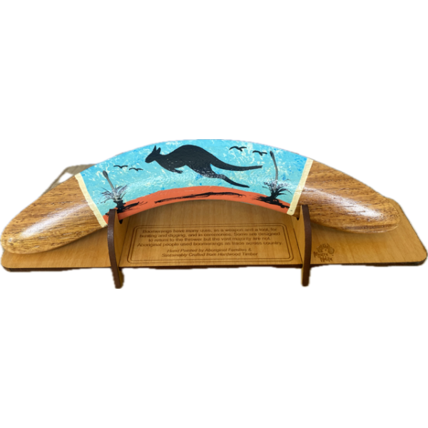 Boomerang with Display Stand Featuring Kangaroo Hand-Painted Artwork by Murra Wolka (Blue)