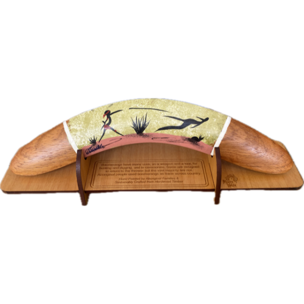 Boomerang with Display Stand Featuring Kangaroo & Hunter Hand-Painted Artwork by Murra Wolka (Soft Green)