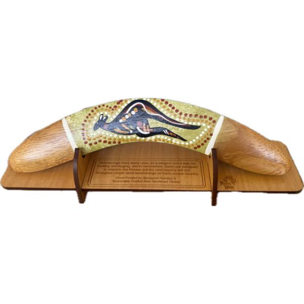 Boomerang with Display Stand Featuring Kangaroo Hand-Painted Artwork by Murra Wolka (Soft Green)