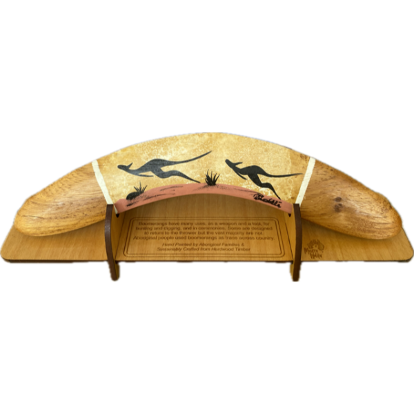 Boomerang with Display Stand Featuring Kangaroos Hand-Painted Artwork by Murra Wolka (Beige)