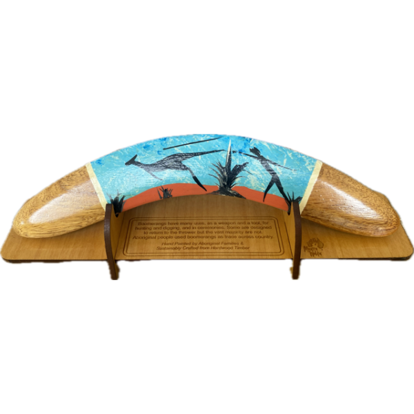 Boomerang with Display Stand Featuring Kangaroo & Hunter Hand-Painted Artwork by Murra Wolka (Light Blue)