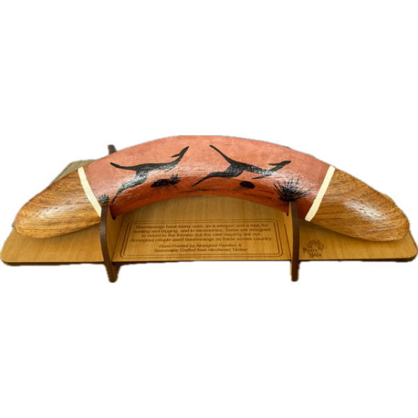 Boomerang with Display Stand Featuring Kangaroos Hand-Painted Artwork by Murra Wolka (Dark Pink)