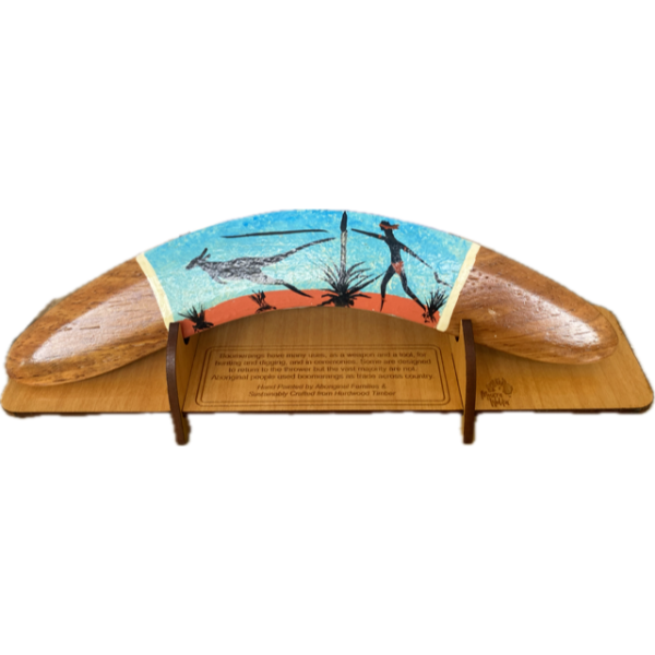 Boomerang with Display Stand Featuring Kangaroo & Hunter Hand-Painted Artwork by Murra Wolka (Light Blue)