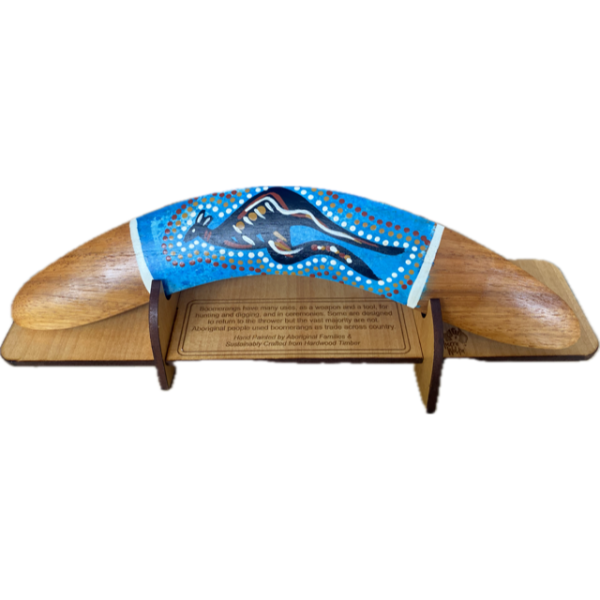 Boomerang with Display Stand Featuring Kangaroo Hand-Painted Artwork by Murra Wolka (Bright Blue)