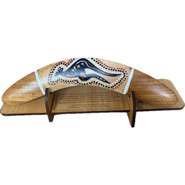 Boomerang with Display Stand Featuring Kangaroo Hand-Painted Artwork by Murra Wolka (Beige)