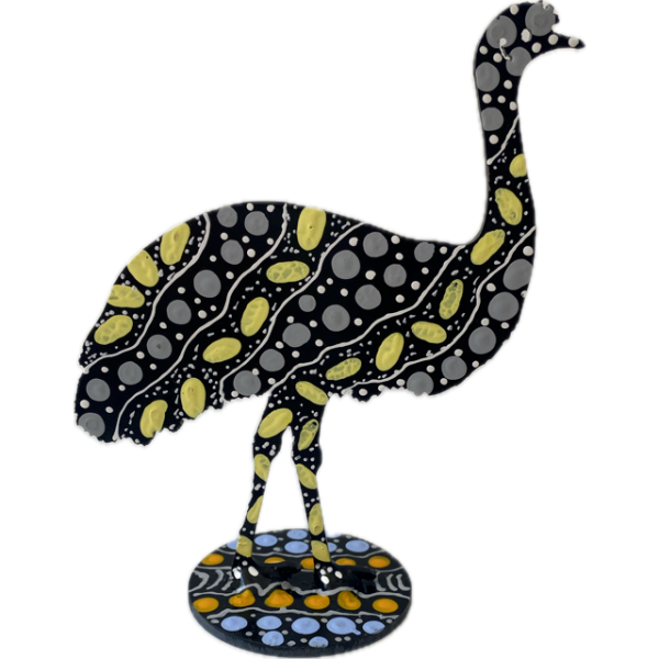 Hand-Painted Metal Emu with Artwork by Keringke Arts (Lemon, Grey, White) - Image 2