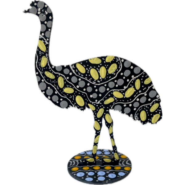 Hand-Painted Metal Emu with Artwork by Keringke Arts (Lemon, Grey, White)