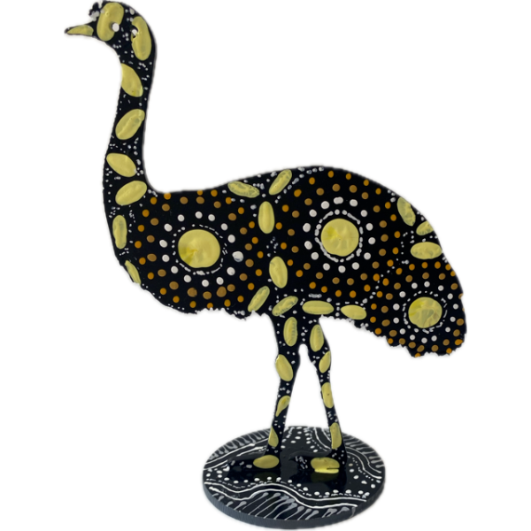 Hand-Painted Metal Emu with Artwork by Keringke Arts (Yellow, Orange, White)