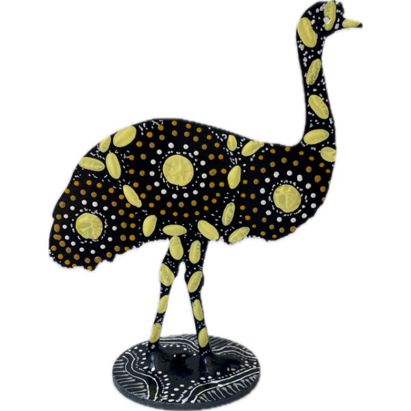 Hand-Painted Metal Emu with Artwork by Keringke Arts (Yellow, Orange, White) - Image 2