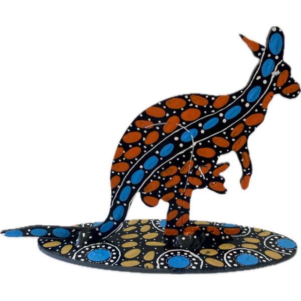 Hand-Painted Metal Kangaroo with Artwork by Keringke Arts 12cm tall (Orange, Blue, Yellow) - Image 2