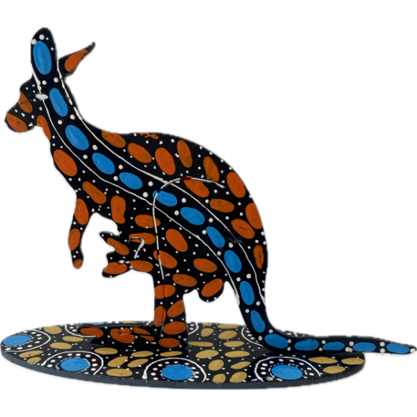 Hand-Painted Metal Kangaroo with Artwork by Keringke Arts 12cm tall (Orange, Blue, Yellow)