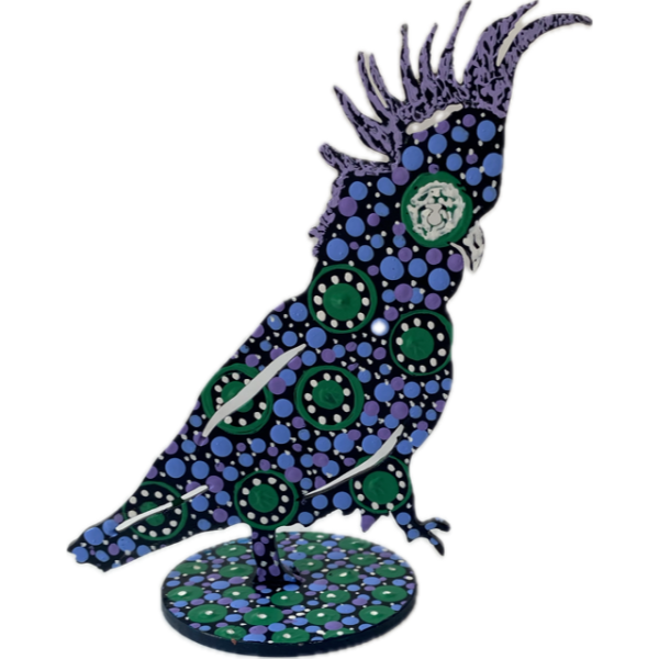 Hand-Painted Metal Cockatoo with Artwork by Keringke Arts (Lilac, Blue, Green) - Image 2