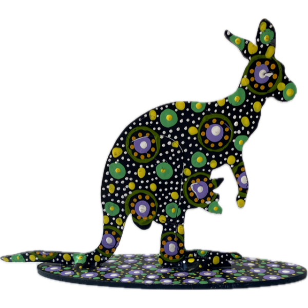 Hand-Painted Metal Kangaroo with Artwork by Keringke Arts 12cm tall (Greens, Yellow, White) - Image 2