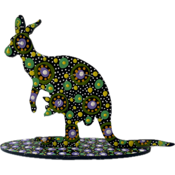 Hand-Painted Metal Kangaroo with Artwork by Keringke Arts 12cm tall (Greens, Yellow, White)