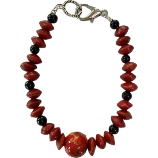 Michelle Weare Red Sandalwood Seed, Black Bead & Painted Bead Bracelet (20cm)