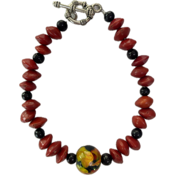 Michelle Weare Red Sandalwood Seed,Black Bead & Painted Bead Bracelet (20cm - Toggle Clasp)