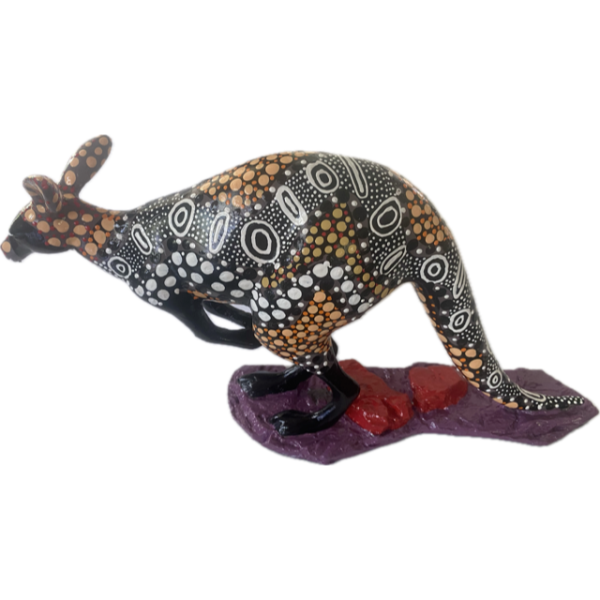 Ceramic Kangaroo with Hand-Painted Dot Artwork by June Smith (Black, White, Tan, Orange)