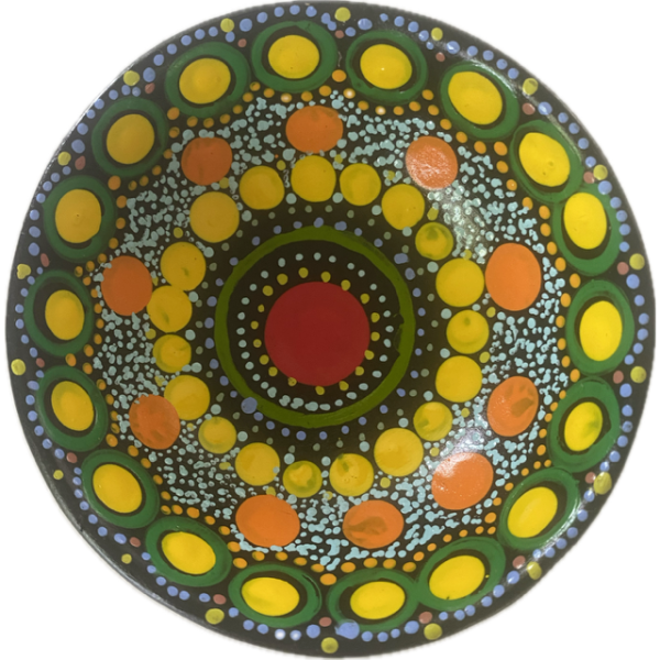 Round Ceramic Bowl with Hand-Painted Artwork by Jilary Lynch 10cm Diameter (Yellow, Greens, Orange, Red) - Image 2