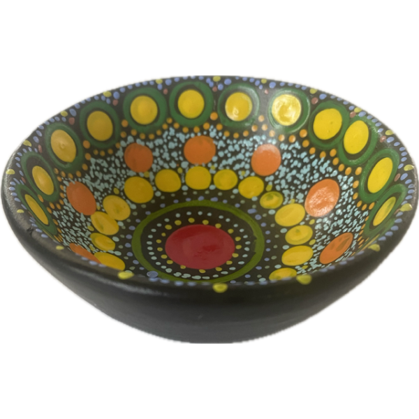 Round Ceramic Bowl with Hand-Painted Artwork by Jilary Lynch 10cm Diameter (Yellow, Greens, Orange, Red)