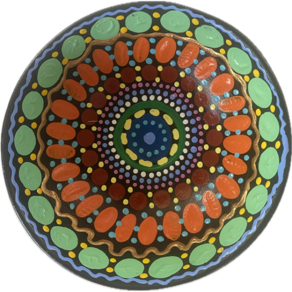 Round Ceramic Bowl with Hand-Painted Artwork by June Smith 10cm Diameter (Greens, Orange, Brown, Gold) - Image 2