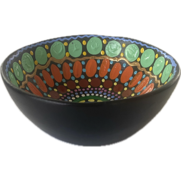 Round Ceramic Bowl with Hand-Painted Artwork by June Smith 10cm Diameter (Greens, Orange, Brown, Gold)