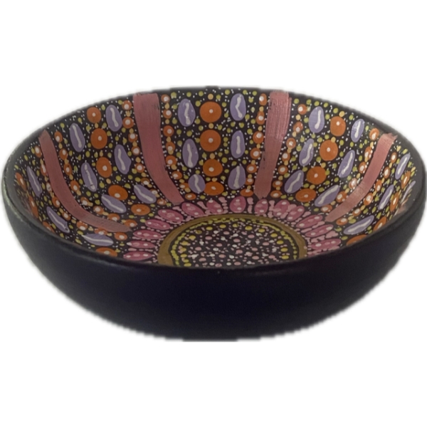 Round Ceramic Bowl with Hand-Painted Artwork by Mary Young 13cm Diameter (Pinks, Lilac, Orange)