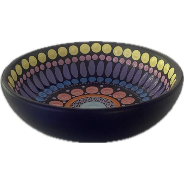 Round Ceramic Bowl with Hand-Painted Artwork by Cassara Keringke Arts 13cm Diameter (Lemon, Pinks, Mauve, Blue)