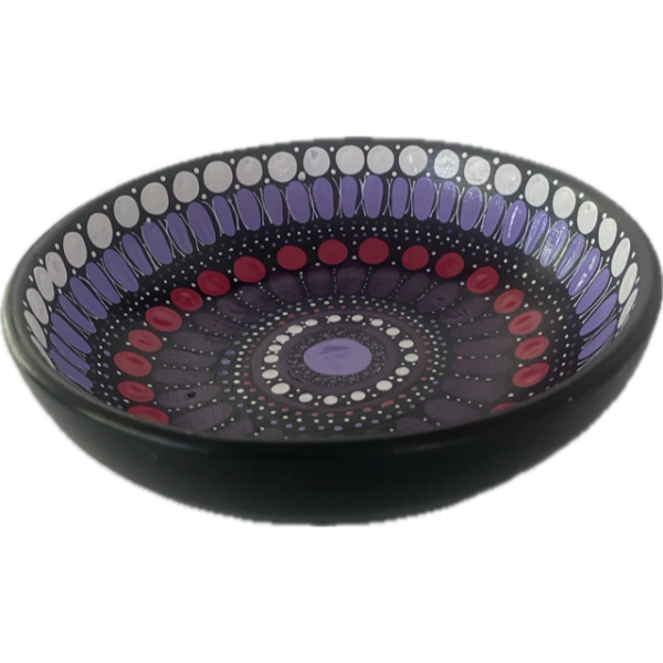 Round Ceramic Bowl with Hand-Painted Artwork by Margaret Bloomfield 15cm Diameter (Purples, White, Red)