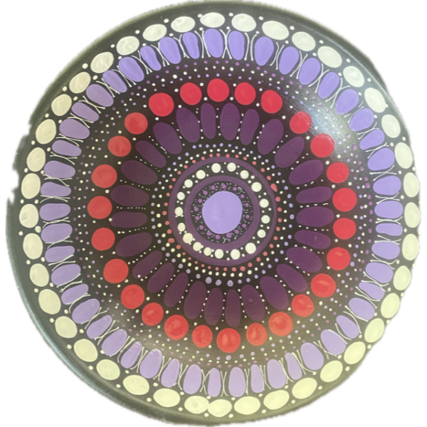 Round Ceramic Bowl with Hand-Painted Artwork by Margaret Bloomfield 15cm Diameter (Purples, White, Red) - Image 2