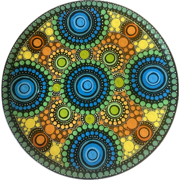 Ceramic Round Plate with Hand-Painted Artwork by Lauren Bloomfield 20cm Diameter (Greens, Blues, Oranges, Yellow)