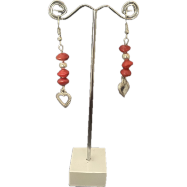 Michelle Weare Red Sandalwood Seed with Silver Ball & Little Heart Dangle Earrings (3.75cm)