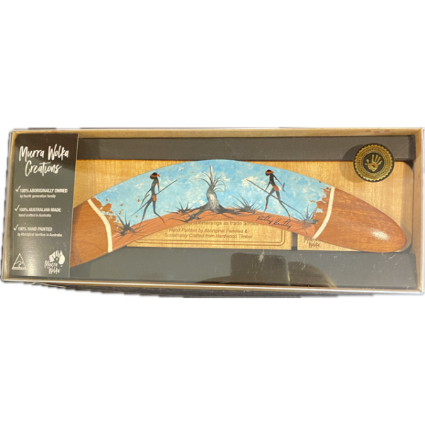 Boomerang with Display Stand Featuring Two Hunters Hand-Painted Artwork by Murra Wolka (Light Blue) - Image 4