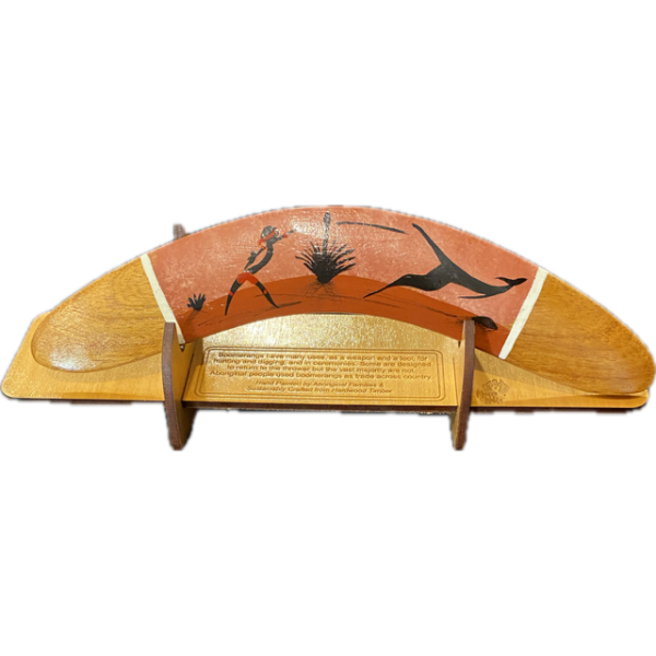 Boomerang with Display Stand Featuring Hunter & Kangaroo Hand-Painted Artwork by Murra Wolka (Dark Pink)