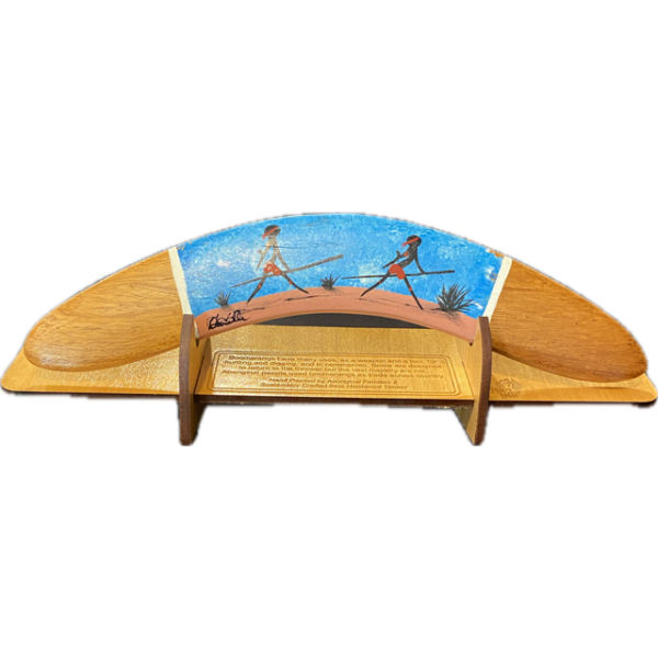 Boomerang with Display Stand Featuring Two Hunters Hand-Painted Artwork by Murra Wolka (Blue)