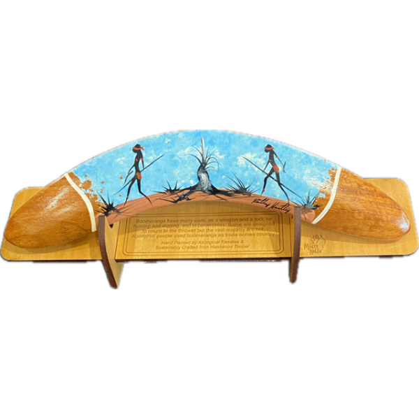 Boomerang with Display Stand Featuring Two Hunters Hand-Painted Artwork by Murra Wolka (Light Blue)