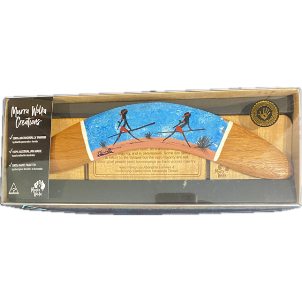 Boomerang with Display Stand Featuring Two Hunters Hand-Painted Artwork by Murra Wolka (Blue) - Image 4