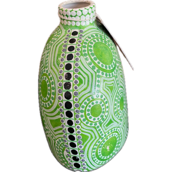 Hand-Painted Ceramic Vase with Artwork by Pam Brandy Hall (Bright Greens, White, Black & Grey) - Image 3