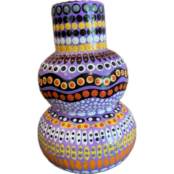 Hand-Painted Ceramic Vase with Artwork by Pam Brandy Hall (Lilac White, Black, Yellow, Oranges)