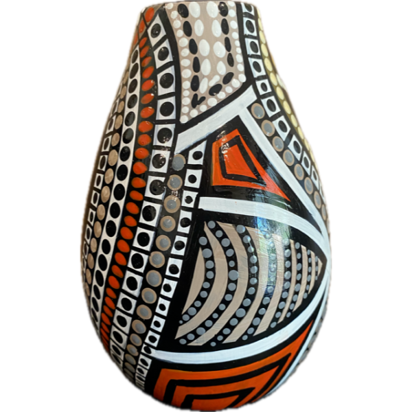 Hand-Painted Ceramic Vase with Artwork by Pam Brandy Hall (Black, White, Oranges, Beiges, Yellow) - Image 3