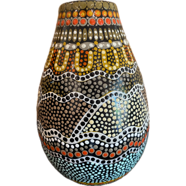 Hand-Painted Ceramic Vase with Artwork by Pam Brandy Hall (Browns, Aqua, White, Reds, Black & White)