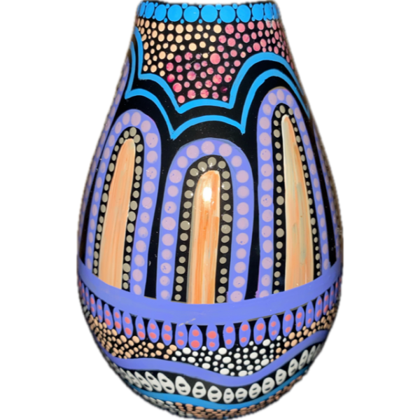 Hand-Painted Ceramic Vase with Artwork by Pam Brandy Hall (Purple, Blue, Peach, Coral, Beige, Black & White)