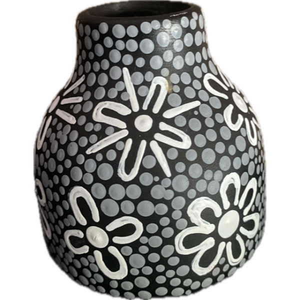 Hand-Painted Ceramic Vase with Artwork by Lee Anne Hall (Black, White & Grey)